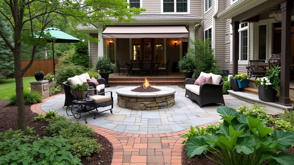 A cozy backyard patio with a fire pit, comfortable seating, and lush landscaping.