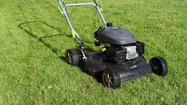 Black and yellow push lawnmower on green grass during the day.